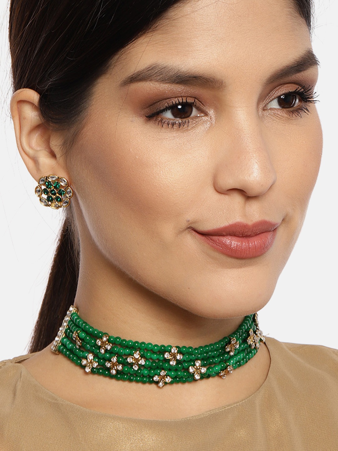 

Zaveri Pearls Gold-Toned & Green Beaded Choker Jewellery Set