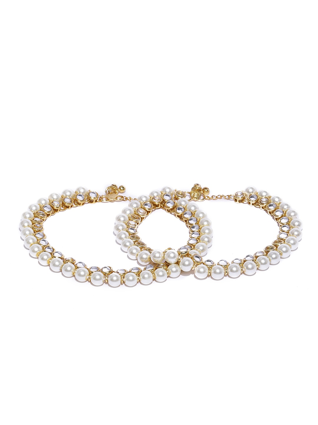 

Zaveri Pearls Set of 2 Gold-Plated Kundan & Pearls Studded Anklets