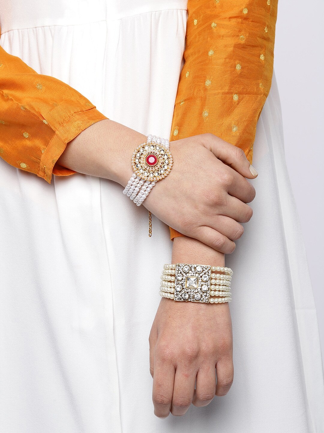 

Zaveri Pearls Set Of 2 Gold-Plated Pearl & Kundan Studded Wedding Collection Bracelets