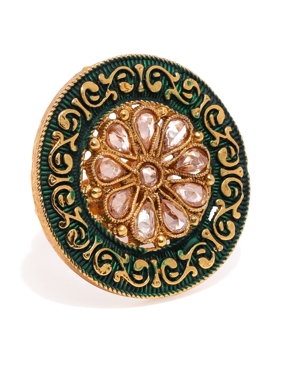 

Zaveri Pearls Green Gold-Plated Meenakari Adjustable Finger Ring