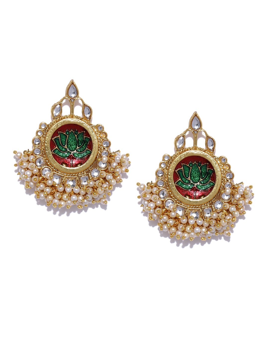 

Zaveri Pearls Gold-Toned & Red Crescent Shaped Drop Earrings