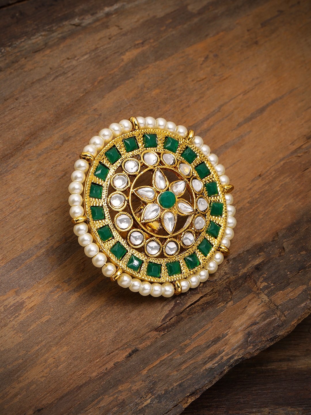 

Zaveri Pearls Green Gold-Plated Studded Adjustable Finger Ring
