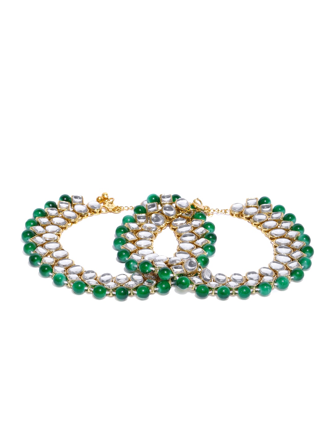 

Zaveri Pearls Set of 2 Green Gold-Plated Kundan & Bead Studded Anklets