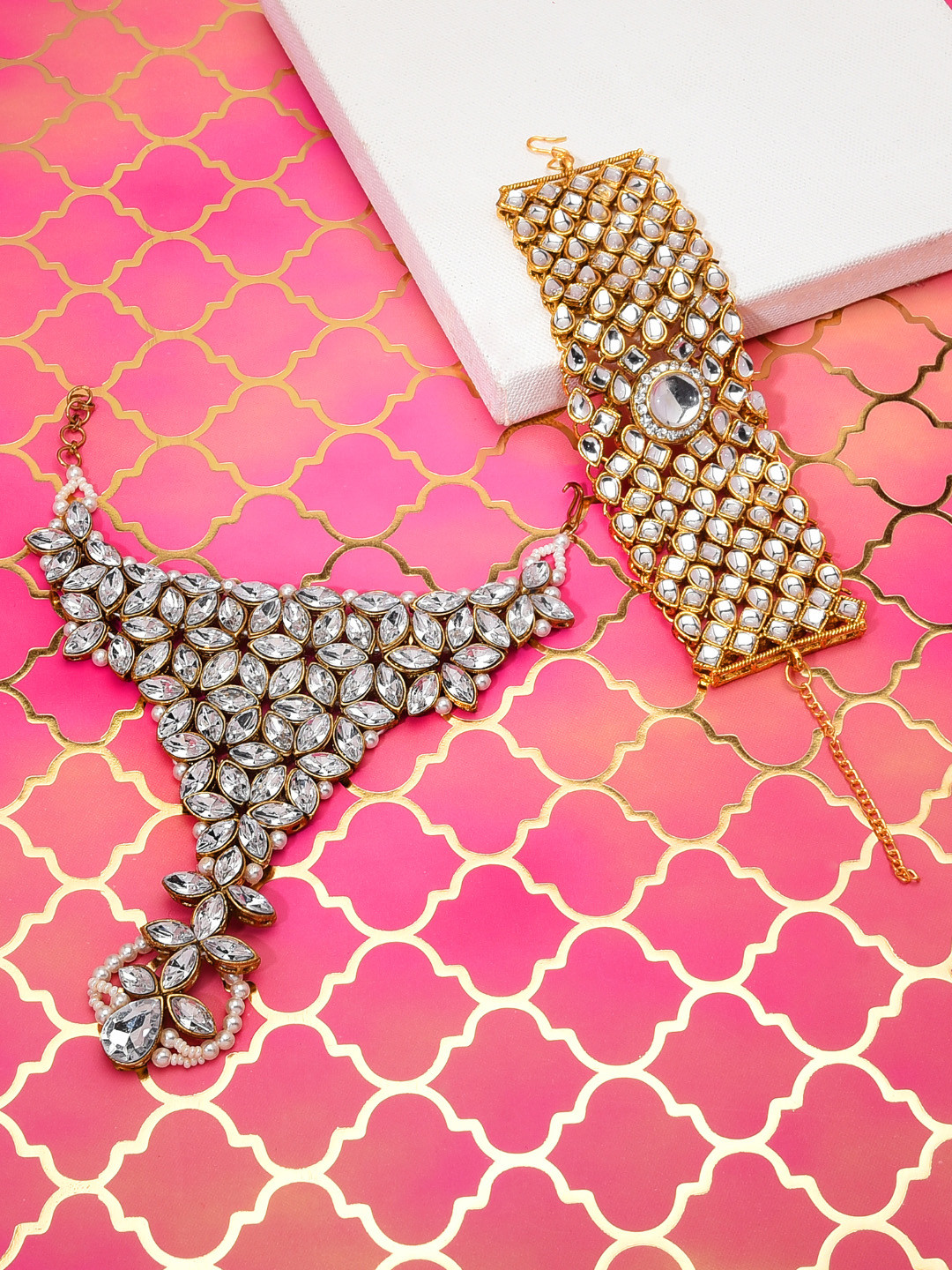 

Zaveri Pearls Set Of 2 Gold-Plated Pearl & Kundan Studded Wedding Collection Bracelets