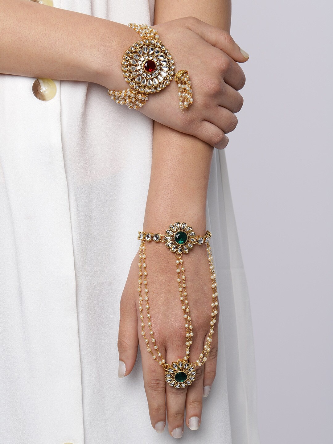 

Zaveri Pearls Set Of 2 Gold-Plated Pearl & Kundan Studded Wedding Collection Bracelets