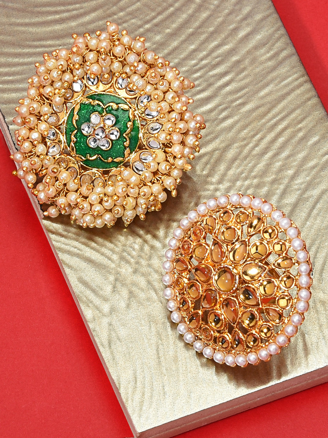 

Zaveri Pearls Set of 2 Clustered Pearl Studded Adjustable Finger Rings, Gold