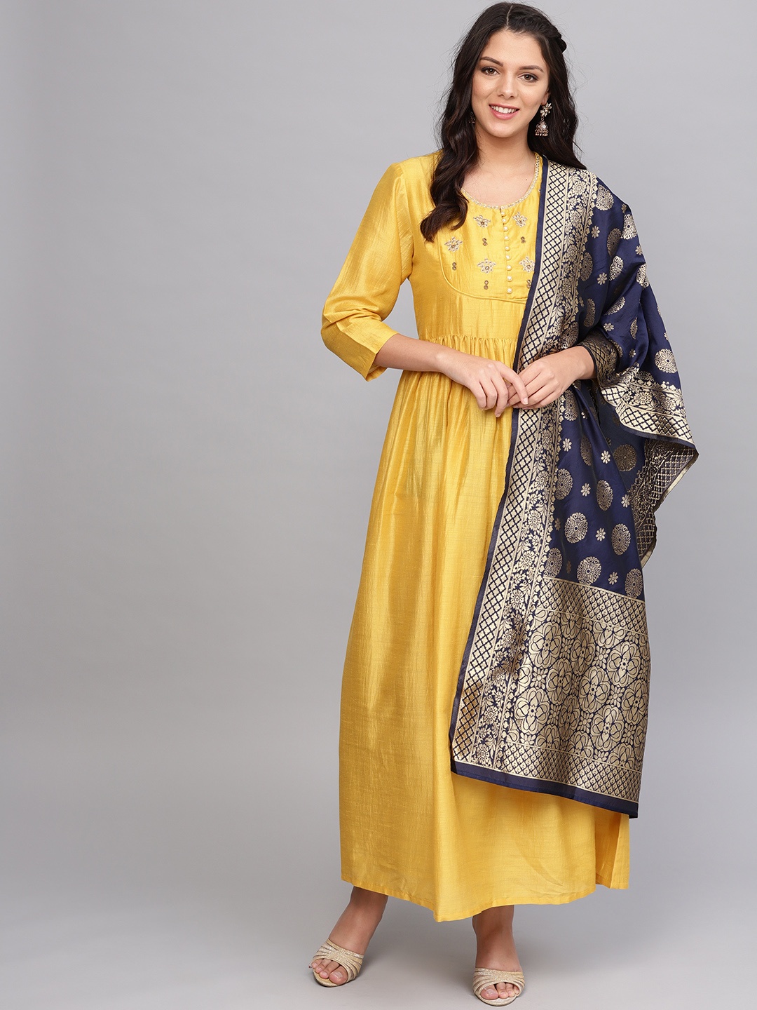 

Varanga Women Solid Mustard Yellow Maxi Dress with Banarasi Dupatta