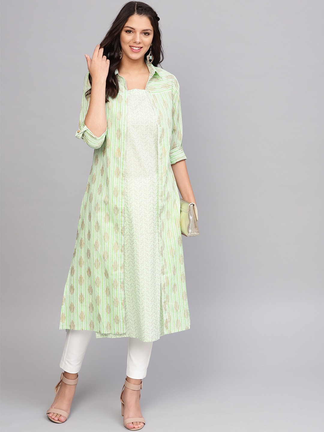

Varanga Women Green & White Printed Layered A-Line Kurta