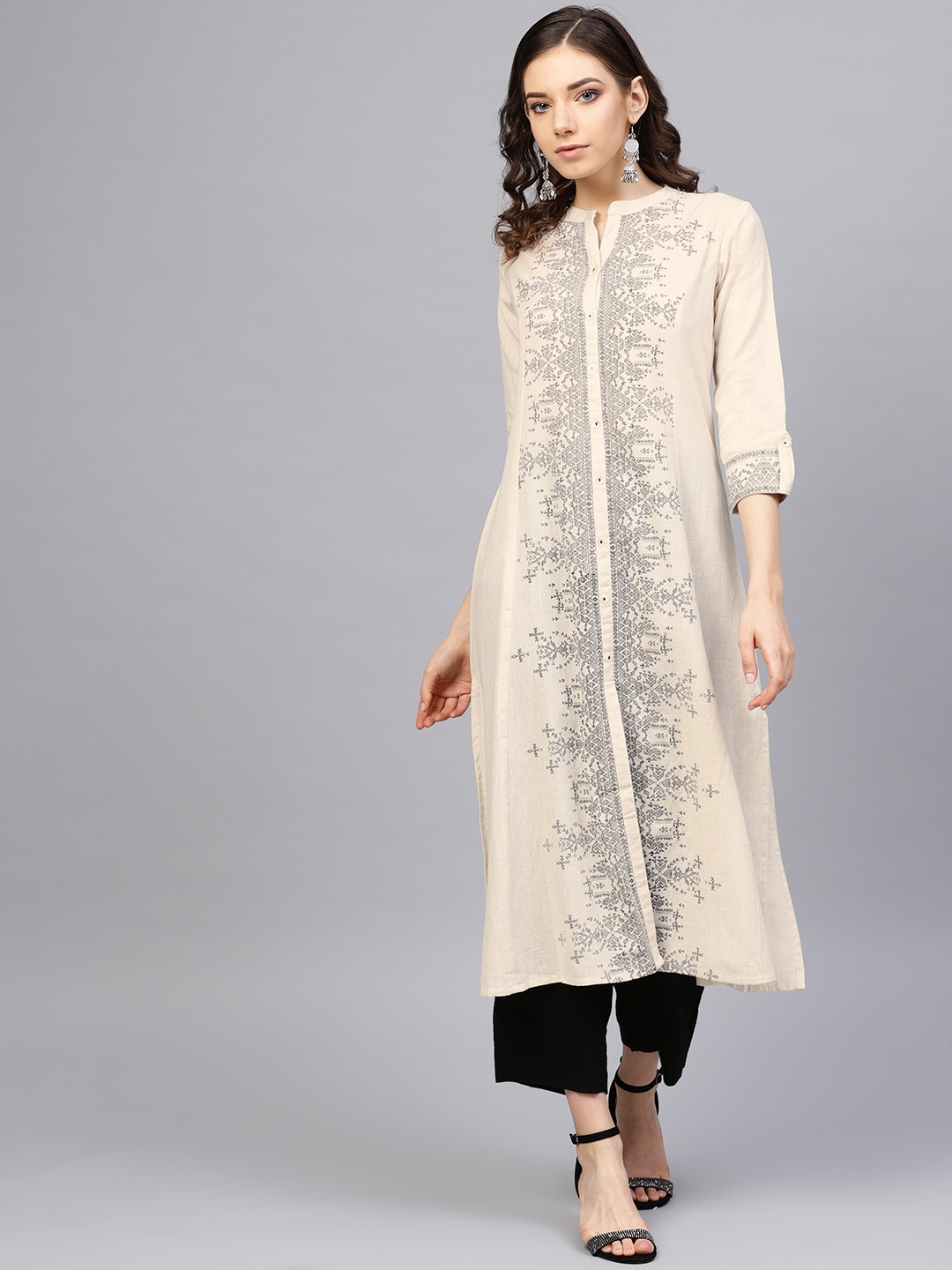 

Varanga Women Beige & Black Printed Kurta with Trousers
