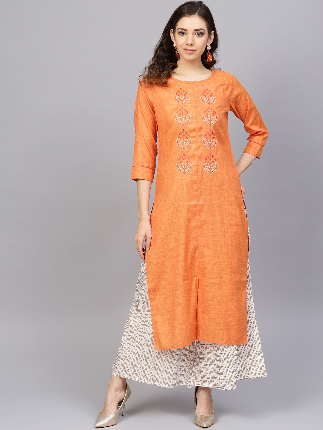 

Varanga Women Orange & Off-White Handloom Yoke Design Kurta with Palazzos