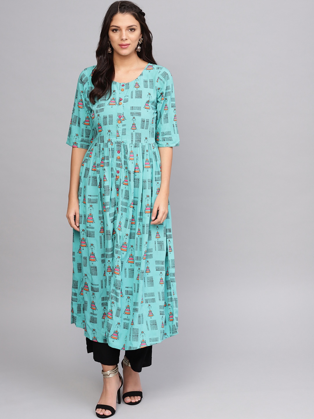 

Varanga Women Turquoise Blue Quirky Printed A-Line Kurta