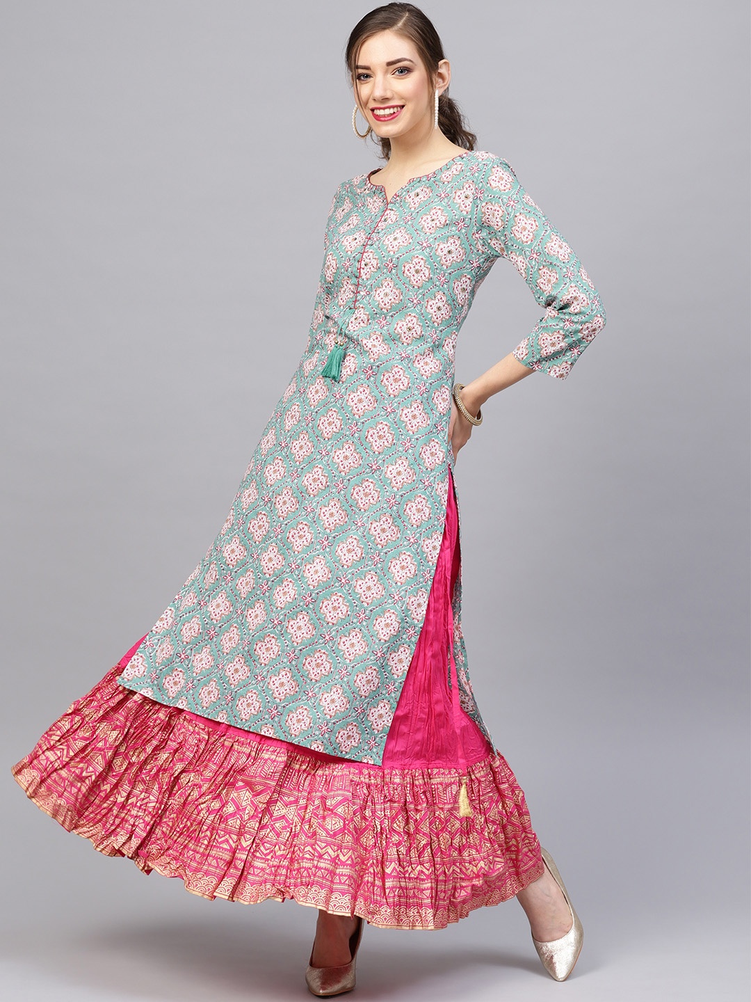 

Varanga Women Blue & Fuchsia Printed Kurta with Skirt