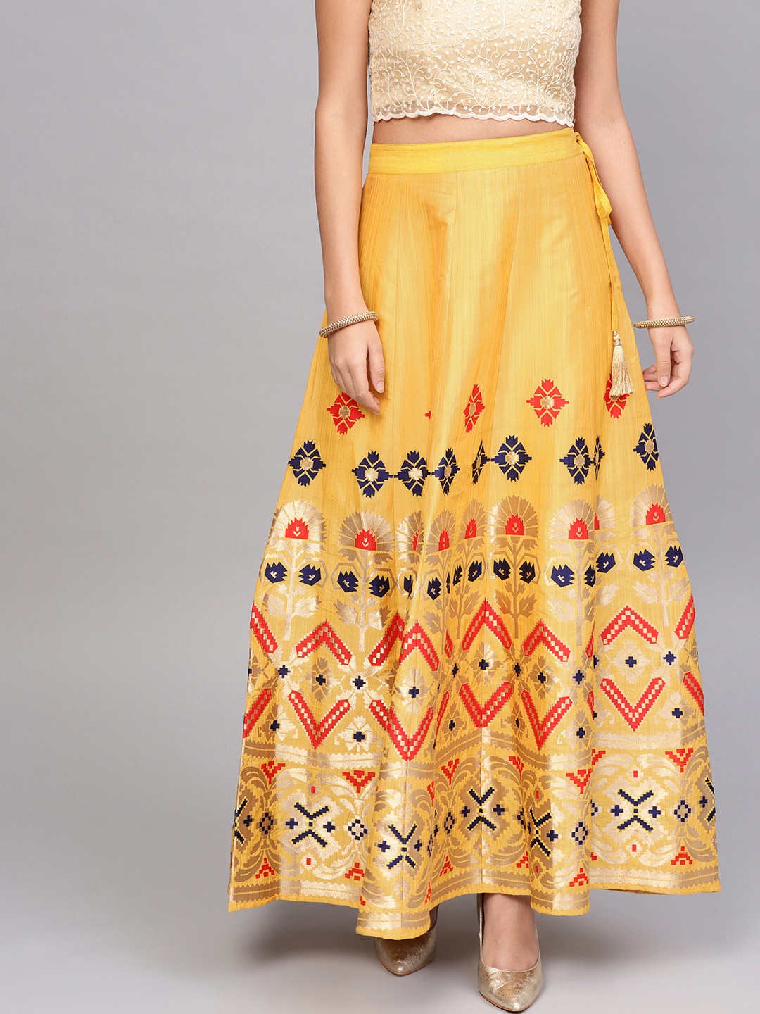 

Varanga Mustard Yellow & Red Woven Design Flared Maxi Skirt