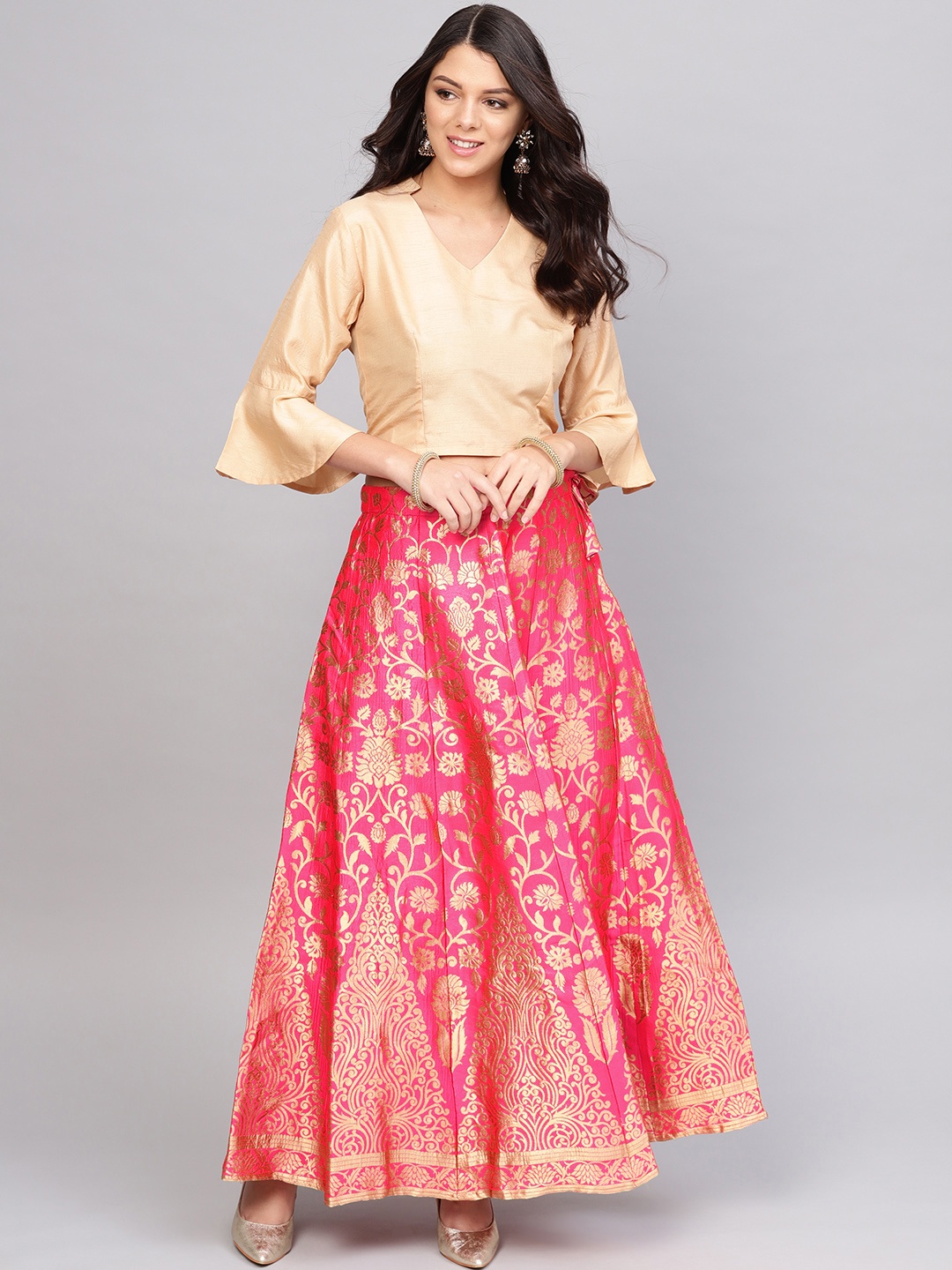 

Varanga Women Pink Beige Woven Design Top with Skirt