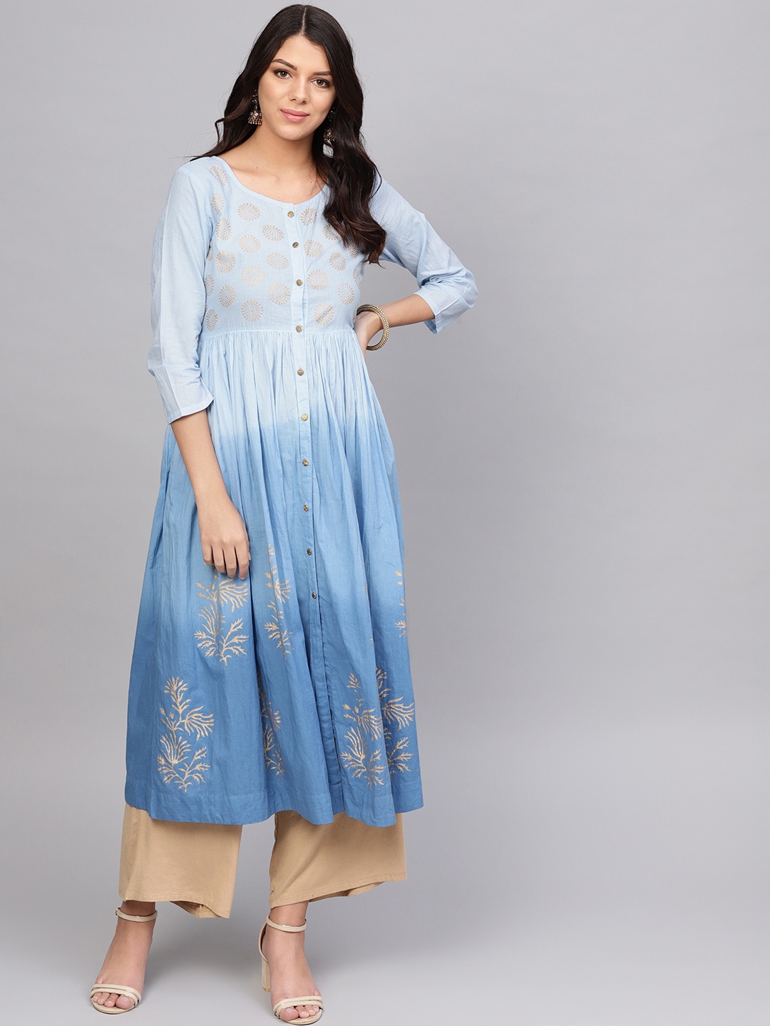 

Varanga Women Blue Block Print Dyed A-Line Kurta