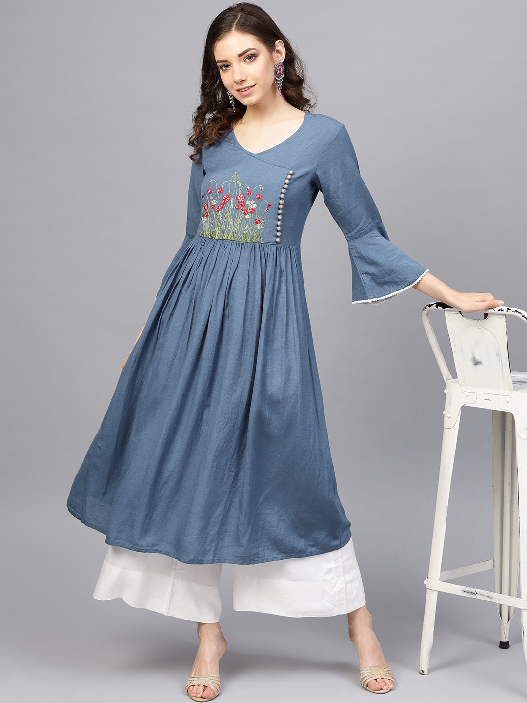 

Varanga Women Blue & White Embroidered Detail Angrakha Kurta with Palazzos