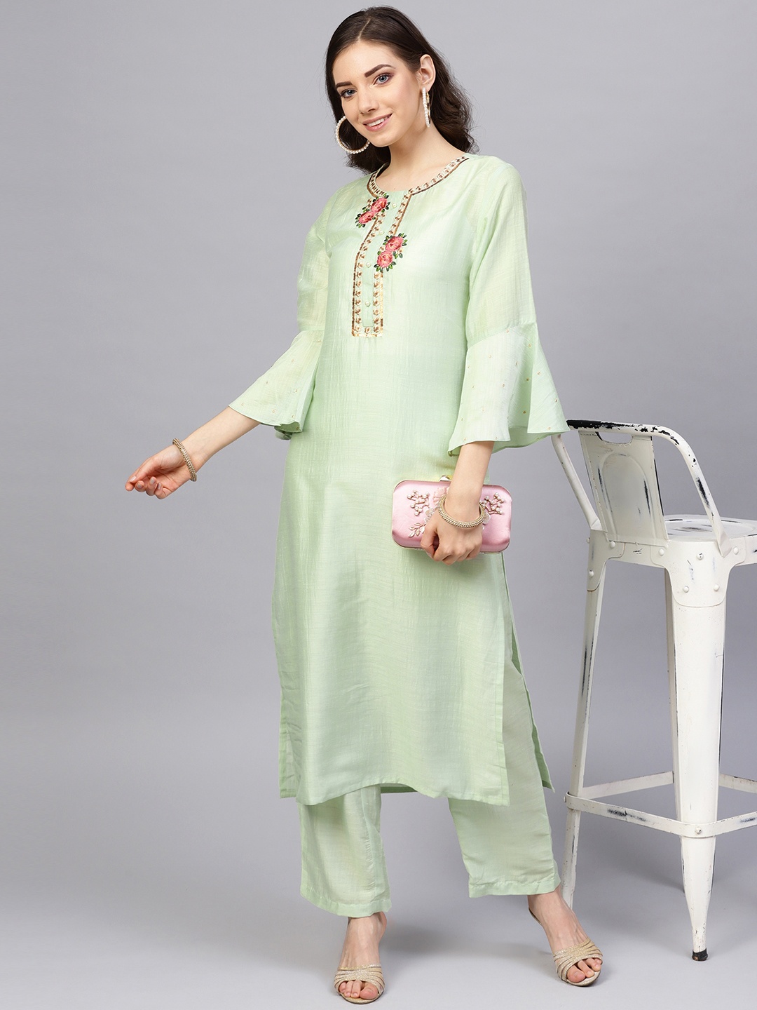 

Varanga Women Sea Green Embroidered Detail Kurta with Palazzos