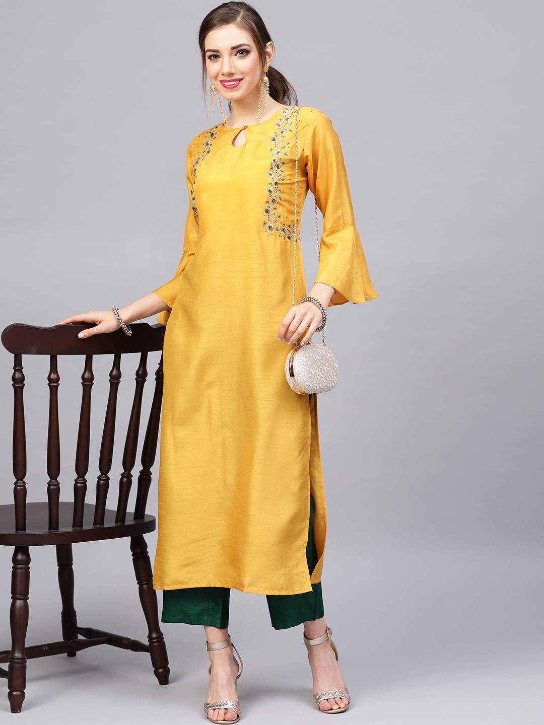 

Varanga Women Mustard Yellow & Green Zari Embroidered Detail Kurta with Palazzos
