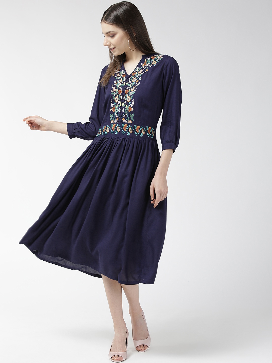 

plusS Women Navy Blue Embroidered Detail A-Line Dress