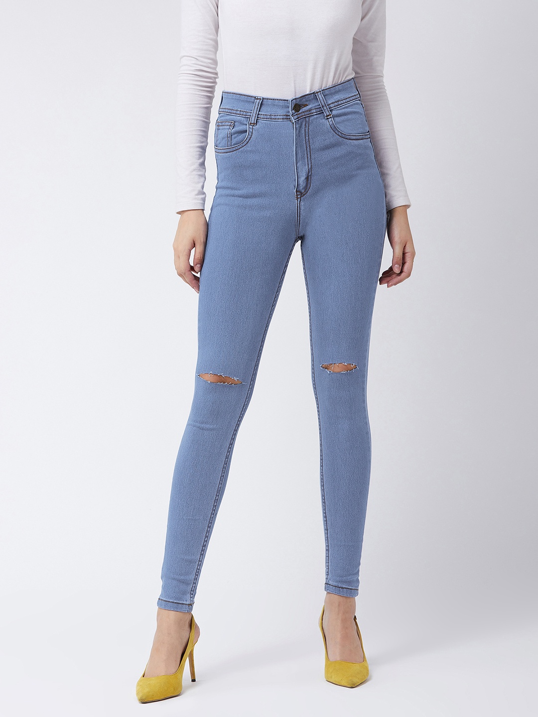 

Miss Chase Women Blue Skinny Fit High-Rise Slash Knee Stretchable Jeans