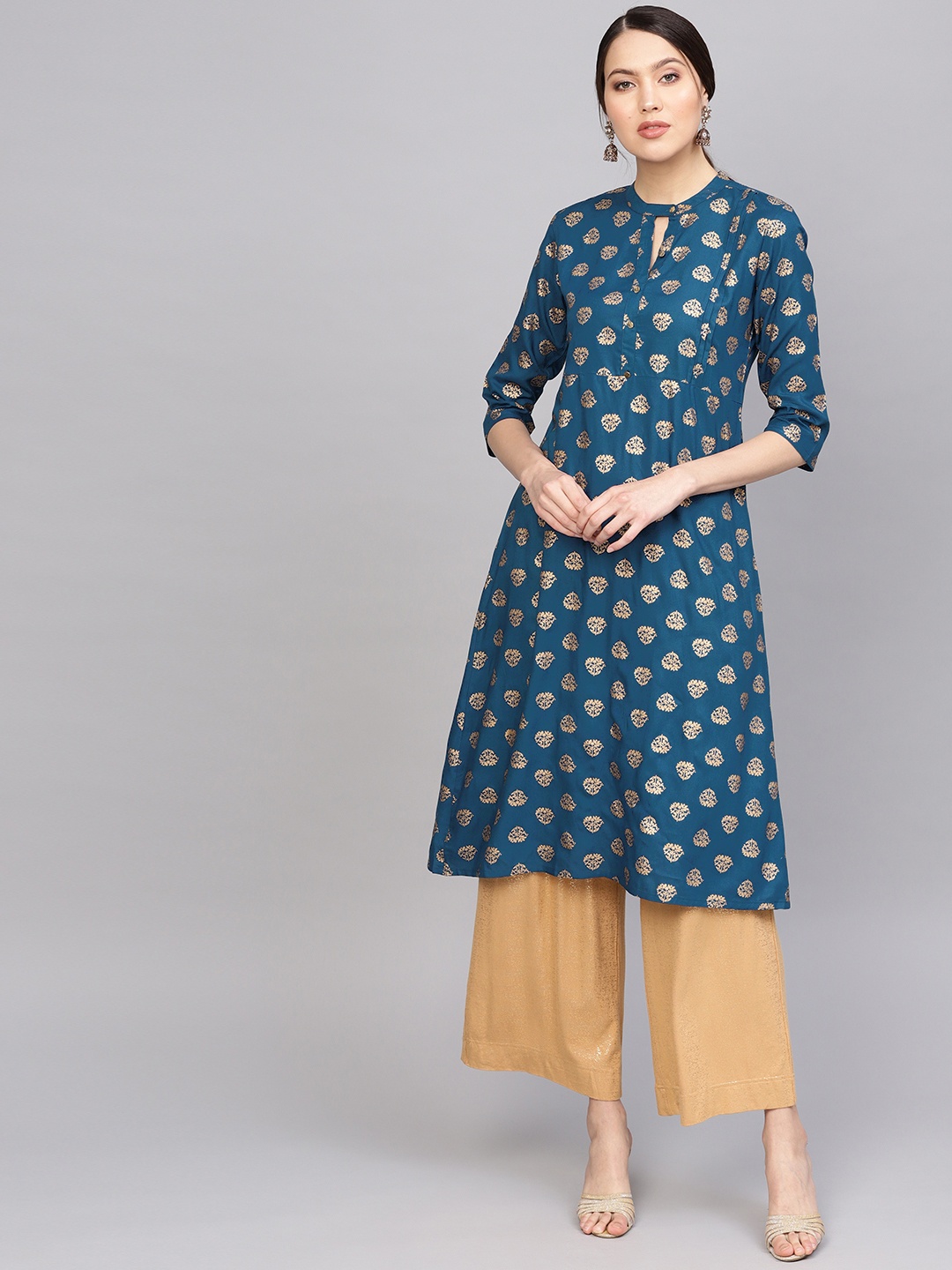 

Anubhutee Women Teal Blue & Golden Printed A-Line Kurta