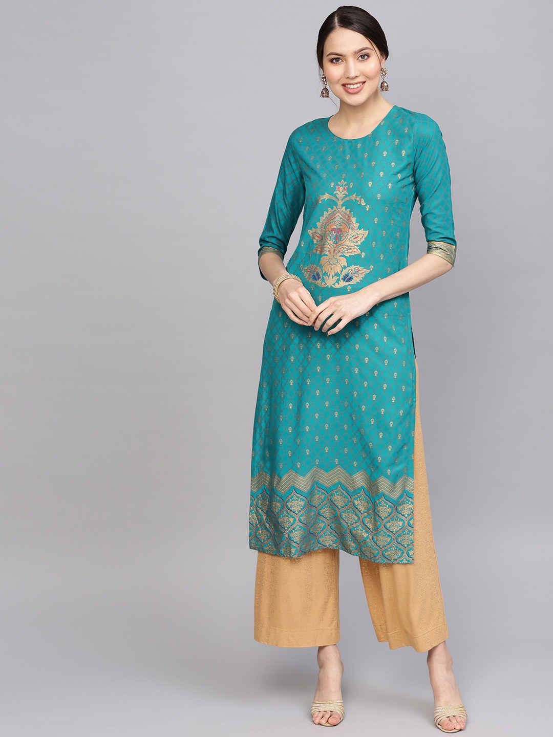 

Anubhutee Women Teal Blue & Golden Foil Print Straight Kurta