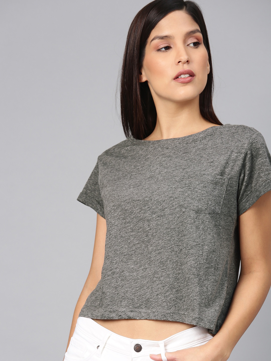 

American Crew Women Charcoal Grey Solid Round Neck Cropped Pure Cotton T-shirt