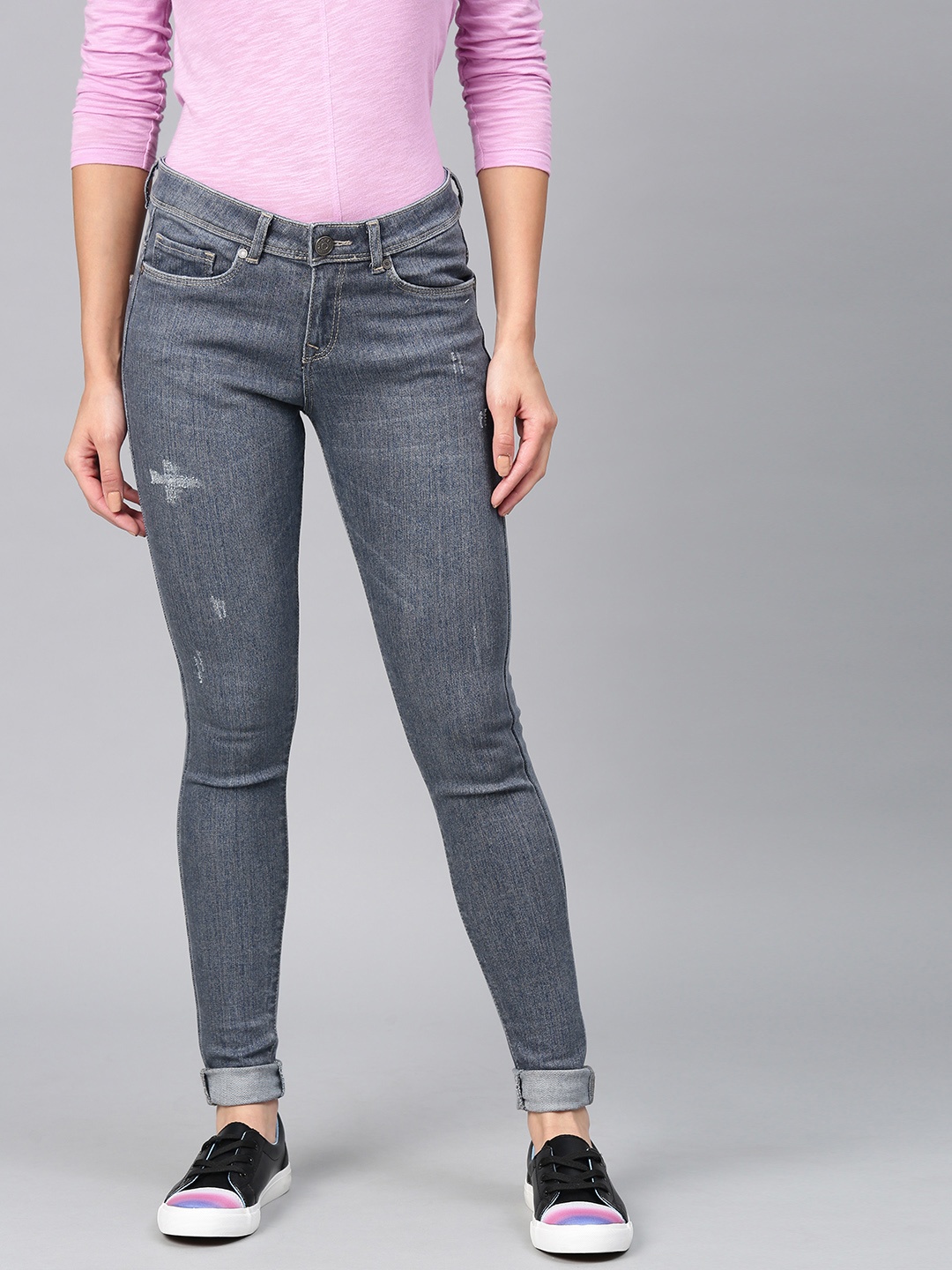 

American Crew Women Blue Slim Fit Mid-Rise Low Distress Stretchable Jeans