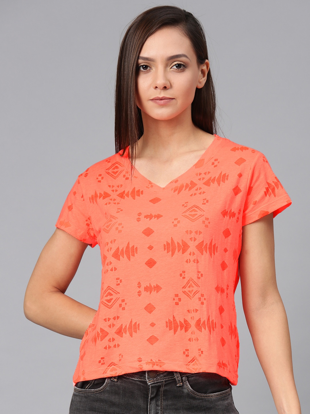 

American Crew Women Fluorescent Orange Self Design V-Neck T-shirt