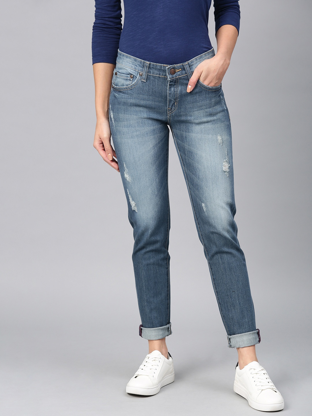 

American Crew Women Blue Slim Fit Mid-Rise Mildly Distressed Stretchable Jeans