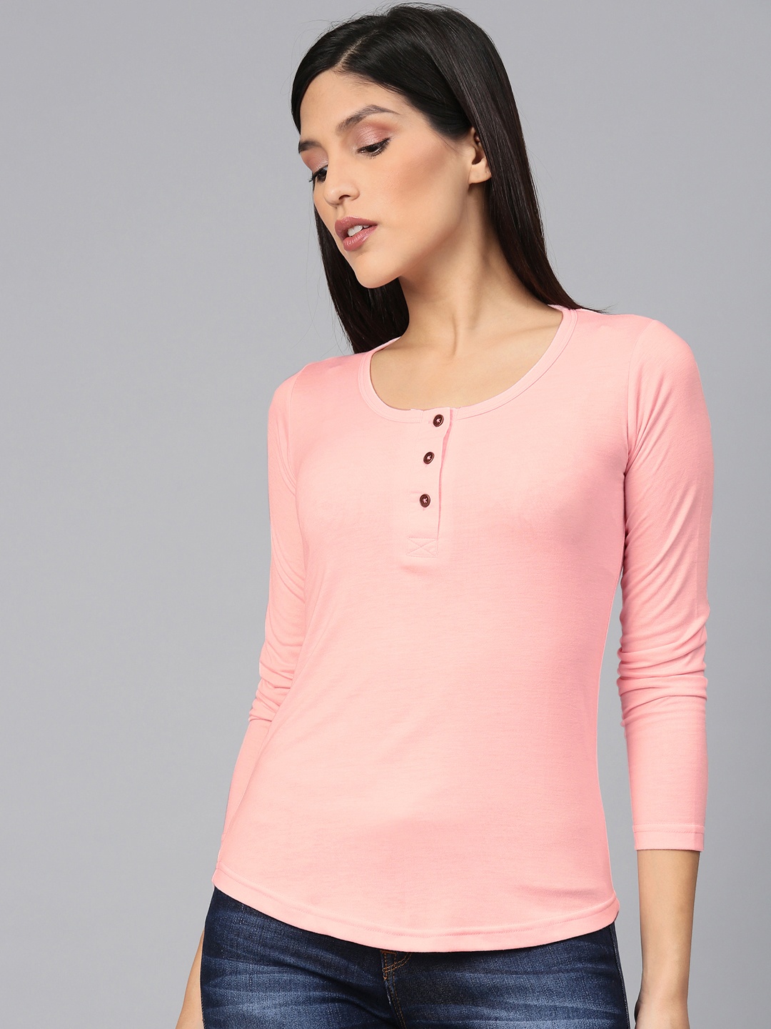 

American Crew Women Pink Solid Henley Neck T-shirt