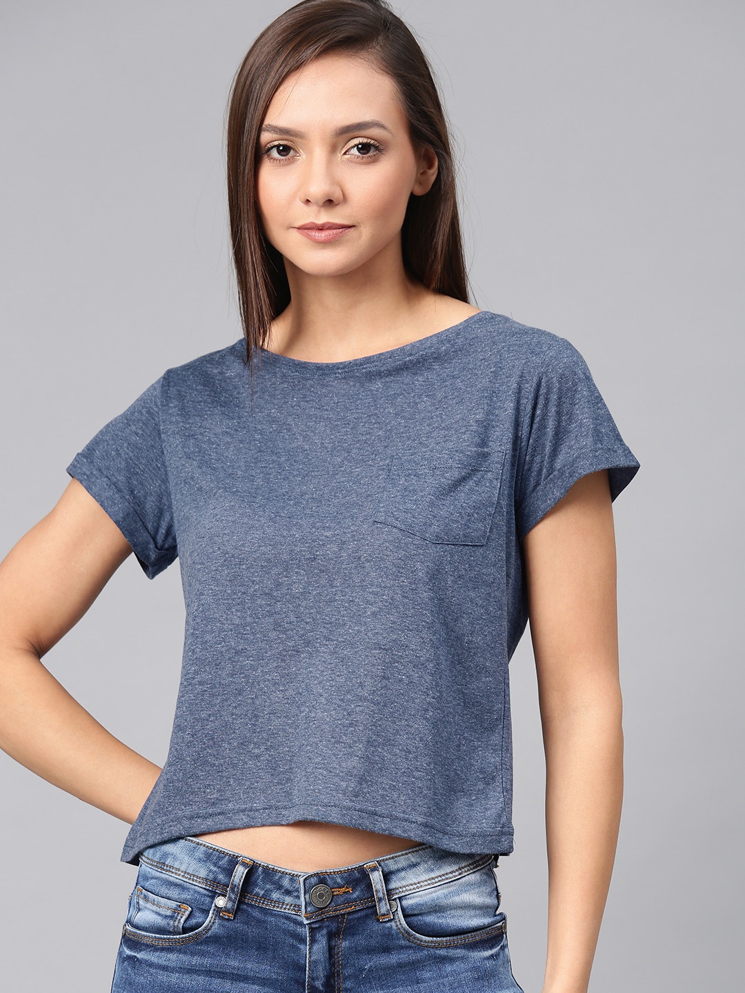 

American Crew Women Blue Solid Round Neck Cropped T-shirt