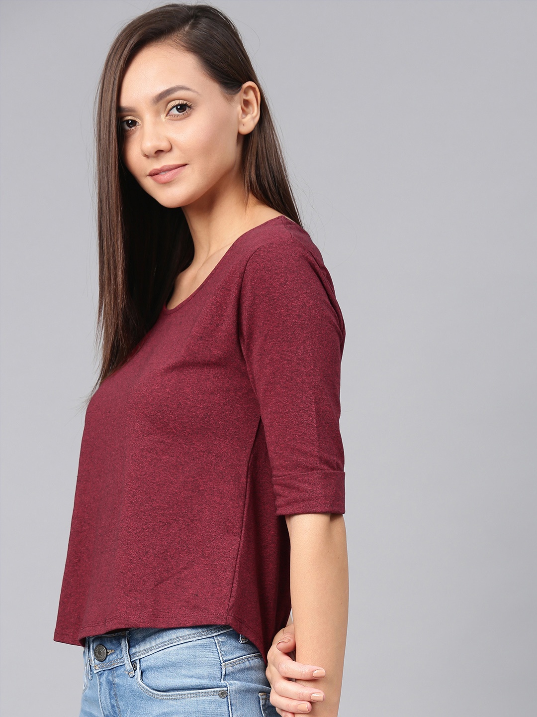 

American Crew Women Maroon Solid Round Neck T-shirt