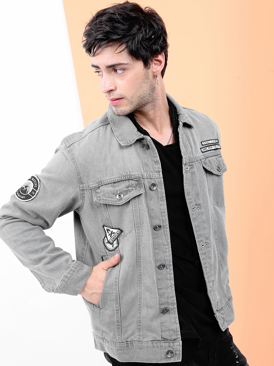 

LOCOMOTIVE Men Grey Solid Denim Jacket