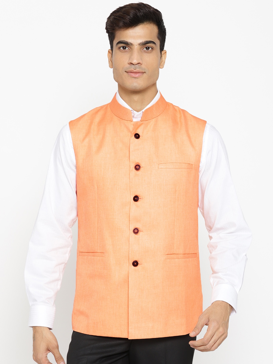 

rasm Men Peach-Coloured Solid Nehru Jacket