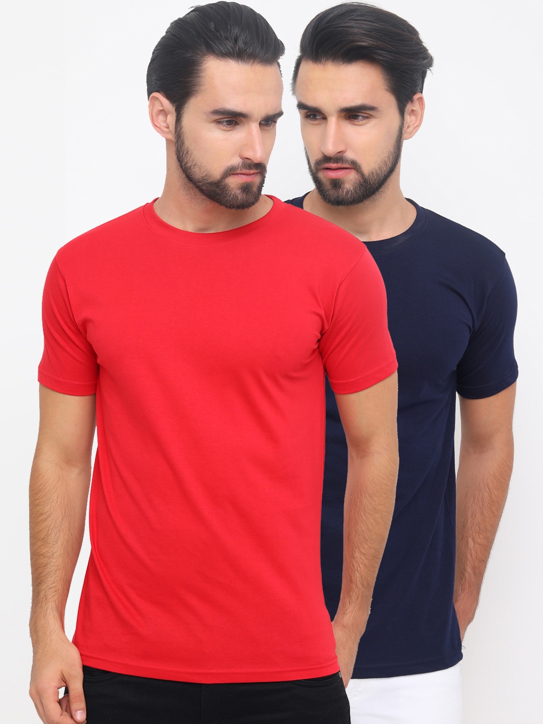 

Bushirt Men Set of 2 Solid Round Neck Pure Cotton T-shirt, Navy blue