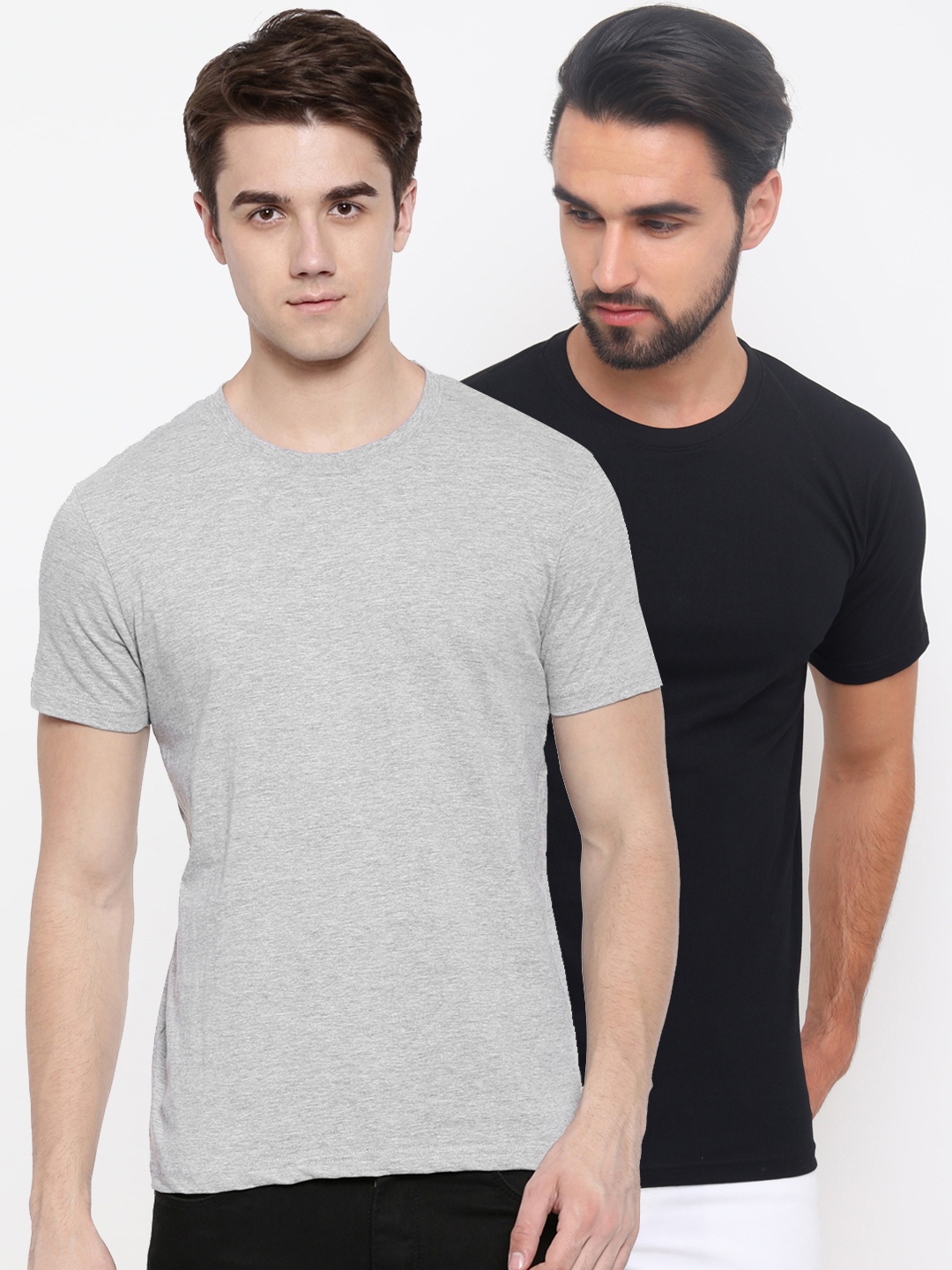 

Bushirt Men Pack of 2 Solid Round Neck Pure Cotton T-shirts, Grey melange