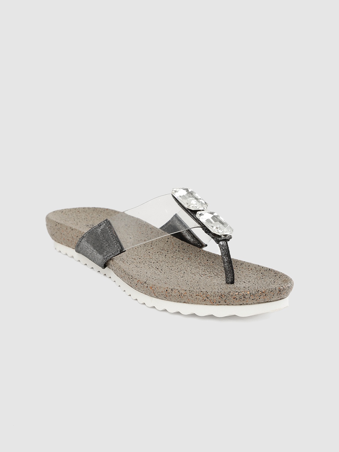 

Inc 5 Women Transparent & Gunmetal-Toned Embellished Open-Toed Flats