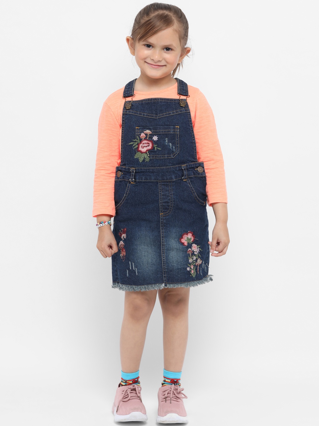 

Nauti Nati Girls Navy Blue & Peach-Coloured Embroidered Denim Pinafore Dress with Top