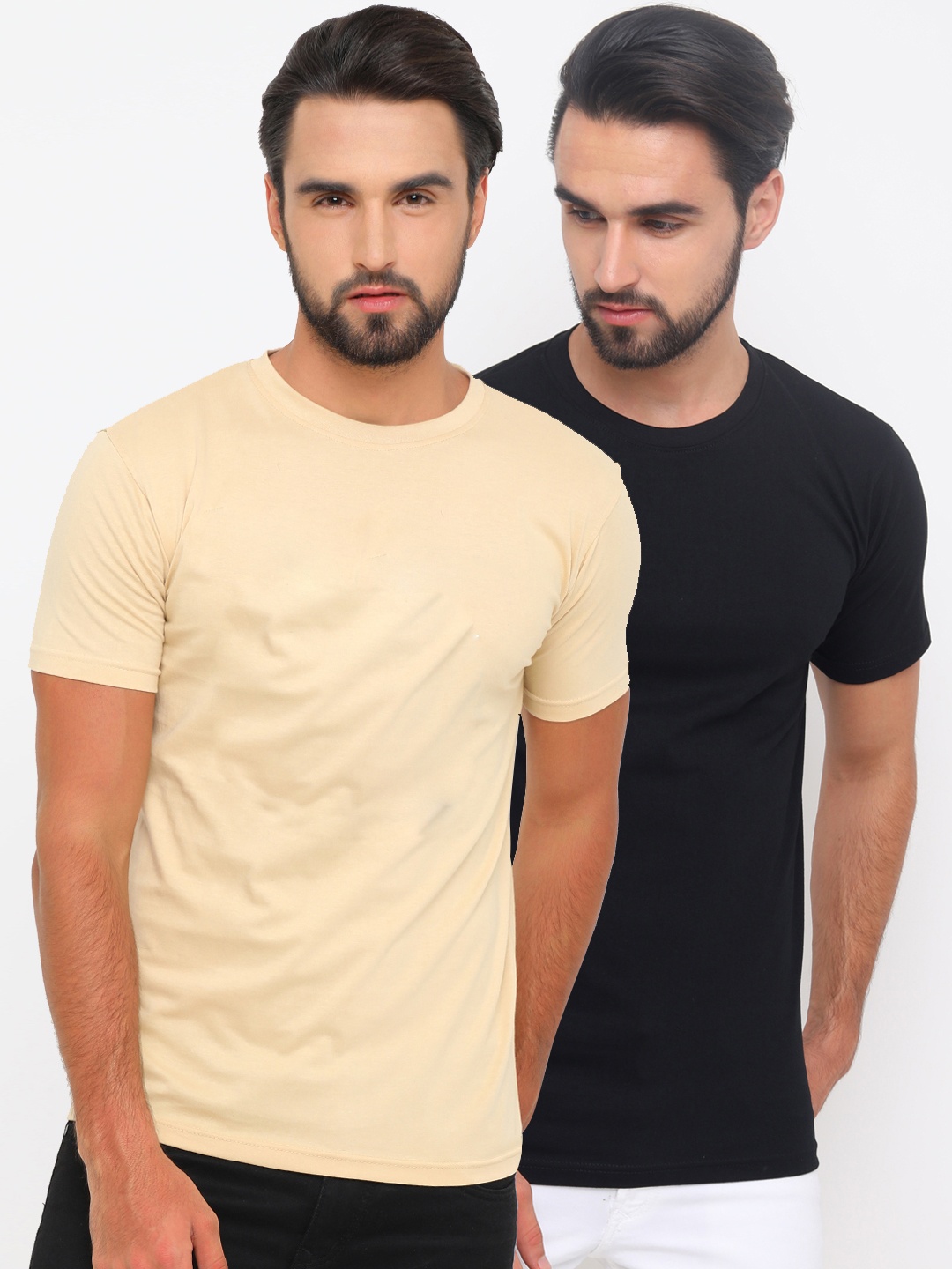 

Bushirt Men Pack Of 2 Solid Round Neck Pure Cotton T-shirts, Black