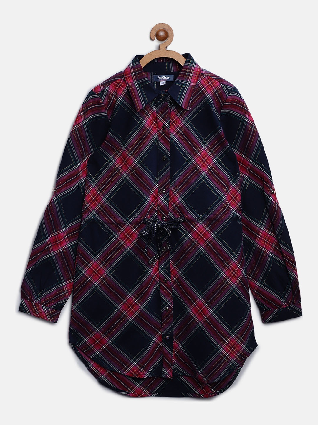 

Natilene Girls Navy Blue & Pink Checked Shirt Dress