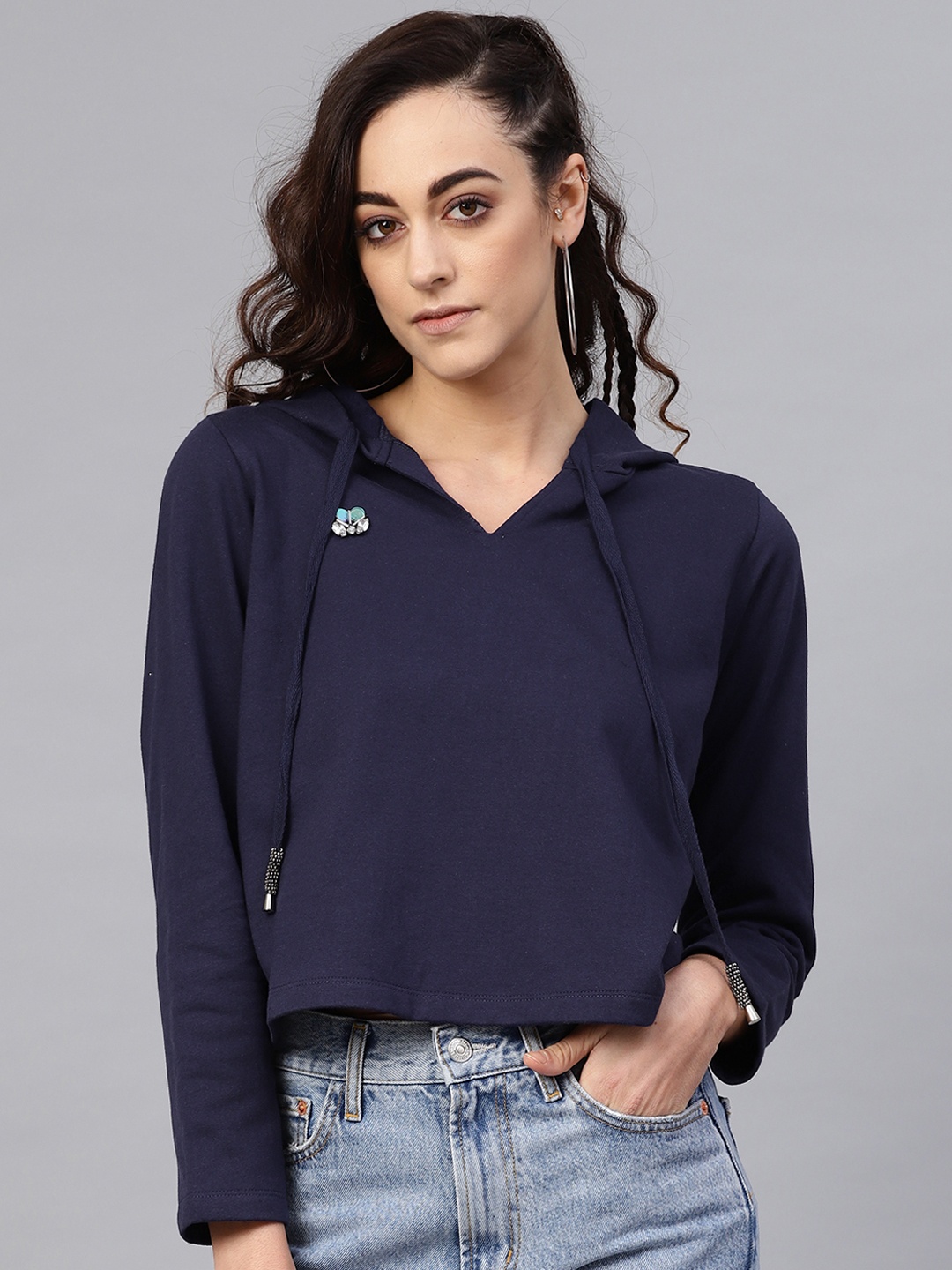 

Antheaa Women Navy Blue Solid Hooded Crop Sweatshirt