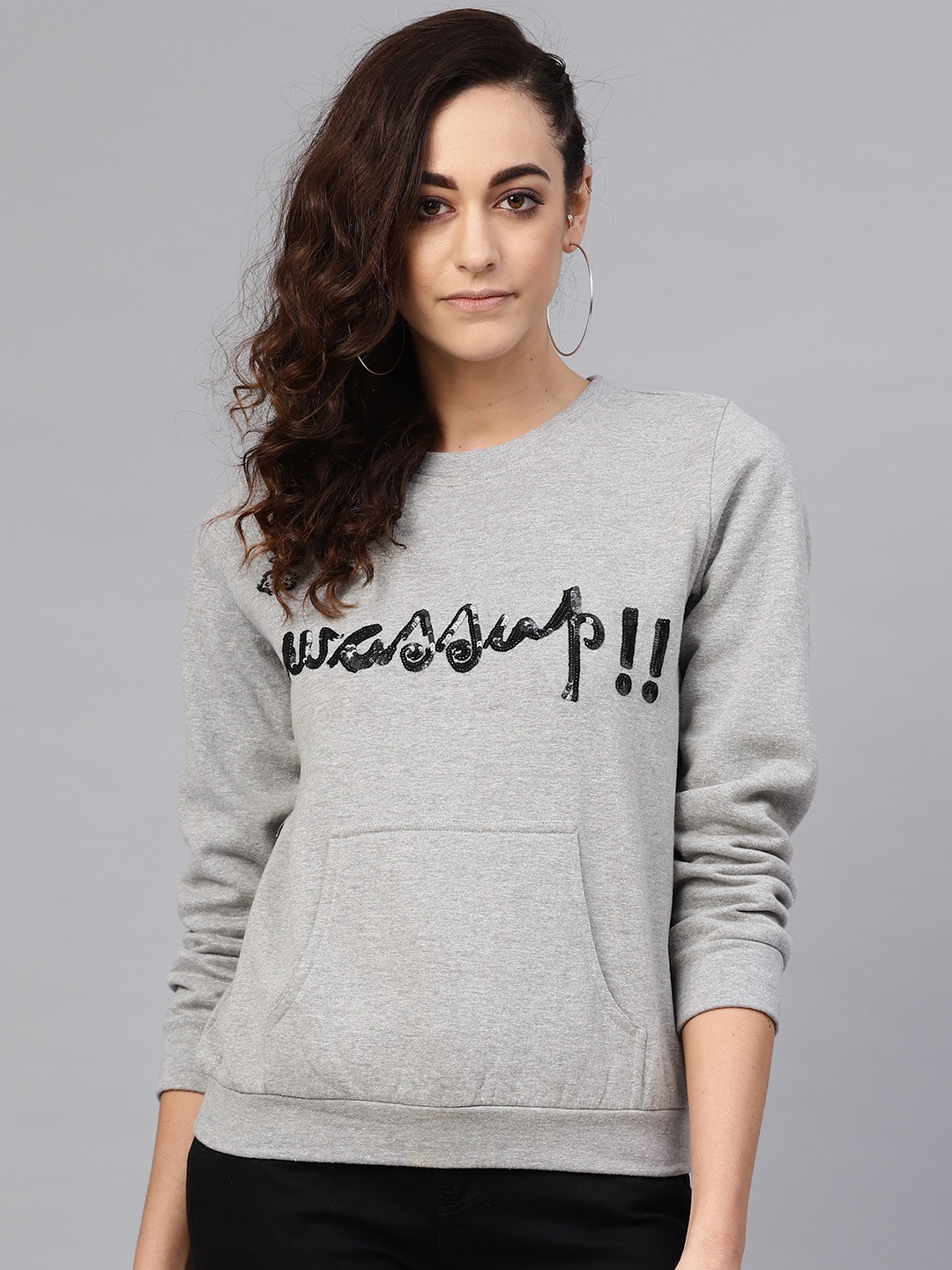 

Antheaa Women Grey Melange Embellished Sweatshirt