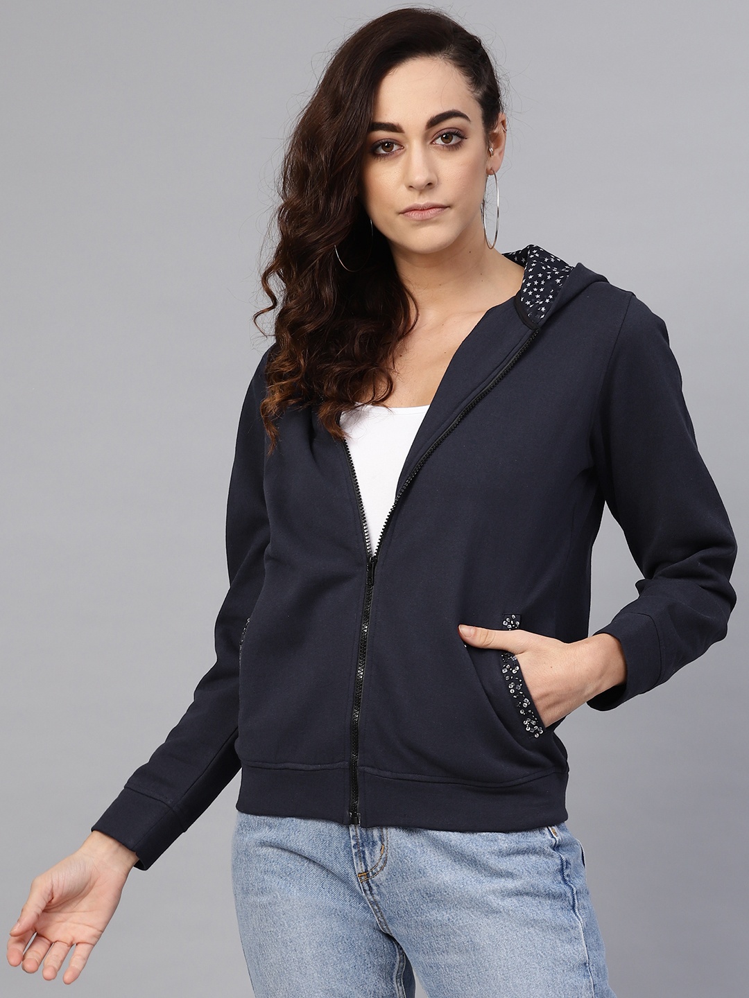

Antheaa Women Navy Blue Solid Hooded Sweatshirt