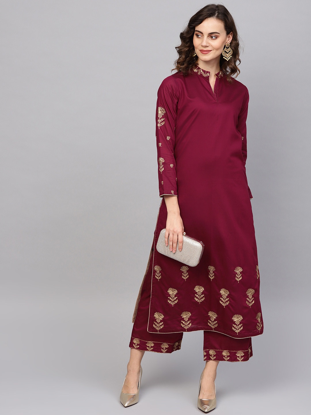 

Indo Era Women Burgundy & Golden Embroidered Kurta with Palazzos