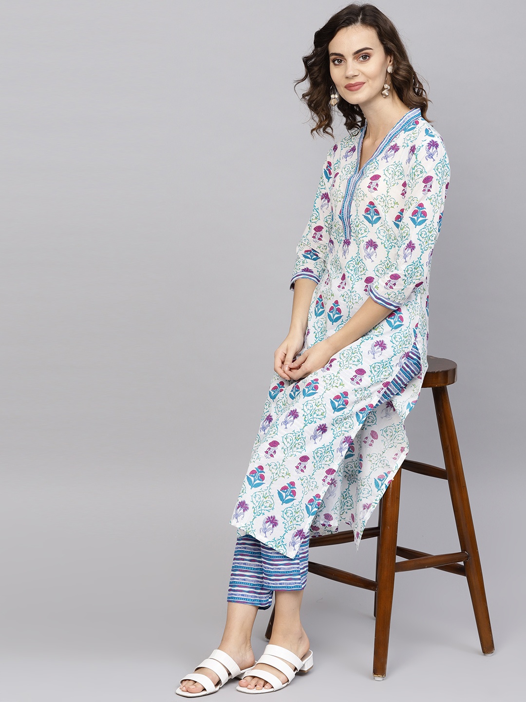 

Indo Era Women White & Blue Printed Kurta with Trousers