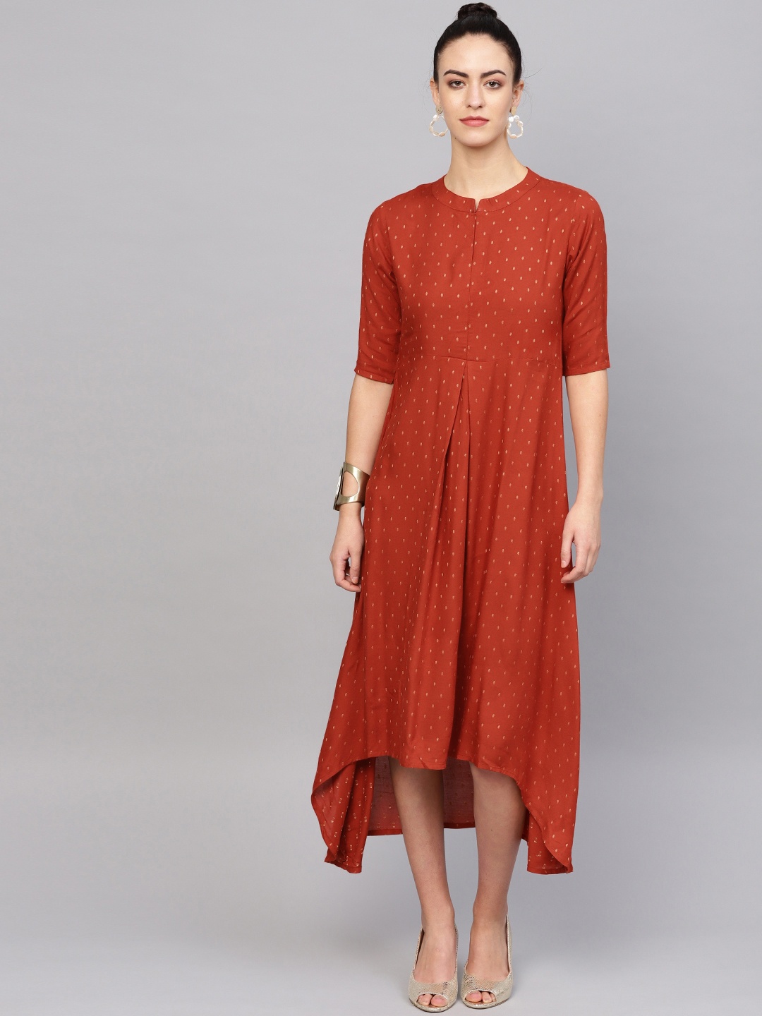 

Indo Era Women Rust Red & Golden Self Design A-Line Dress