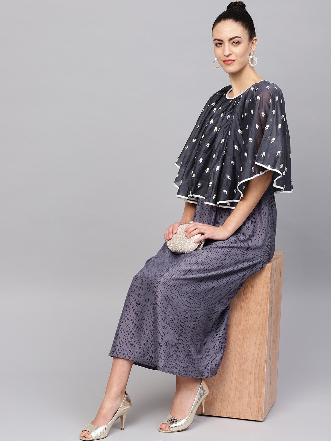 

Indo Era Women Navy Blue & Off-White Printed Maxi Dress with Poncho