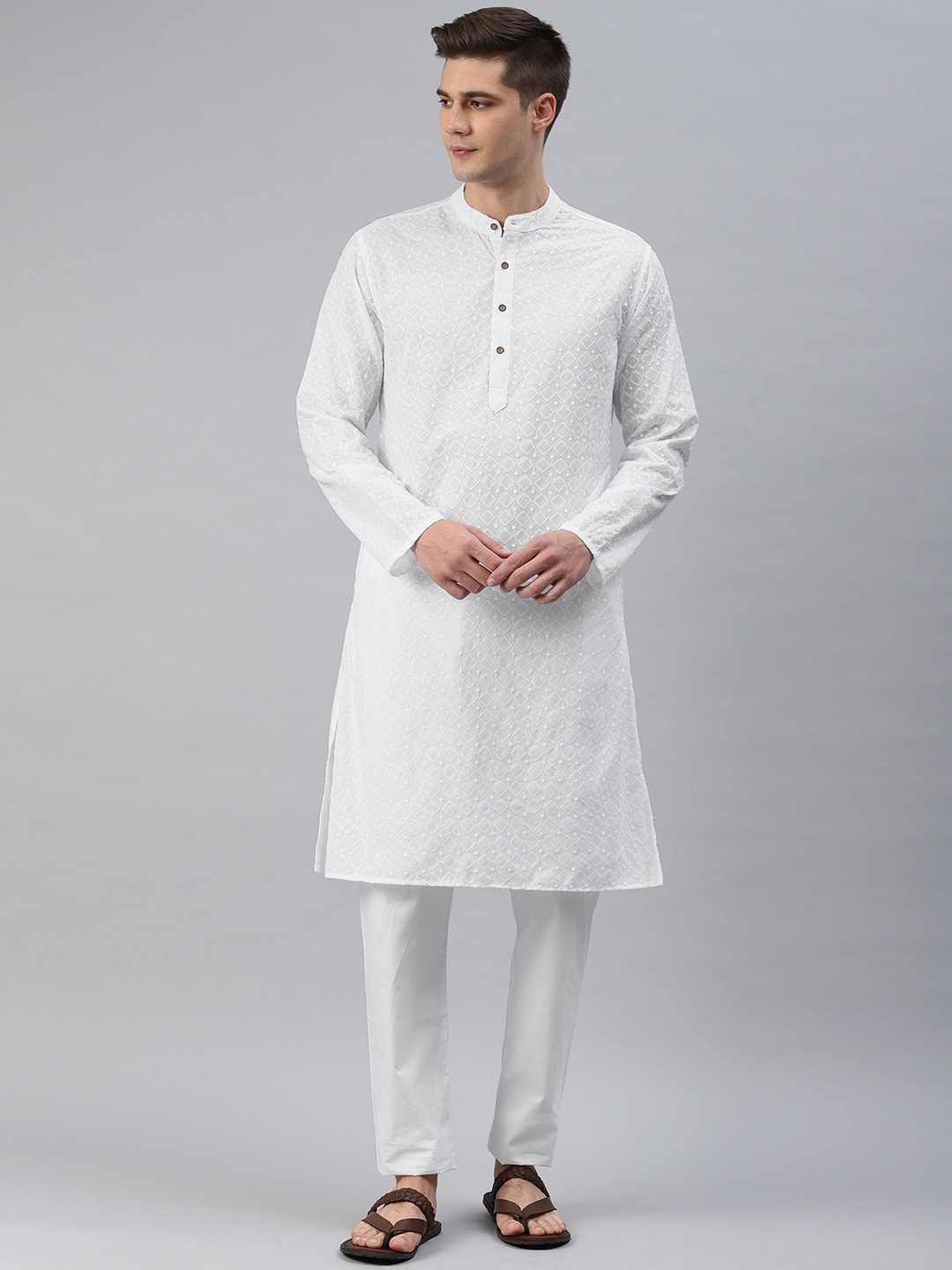 

Freehand Men White Embroidered Kurta with Pyjamas