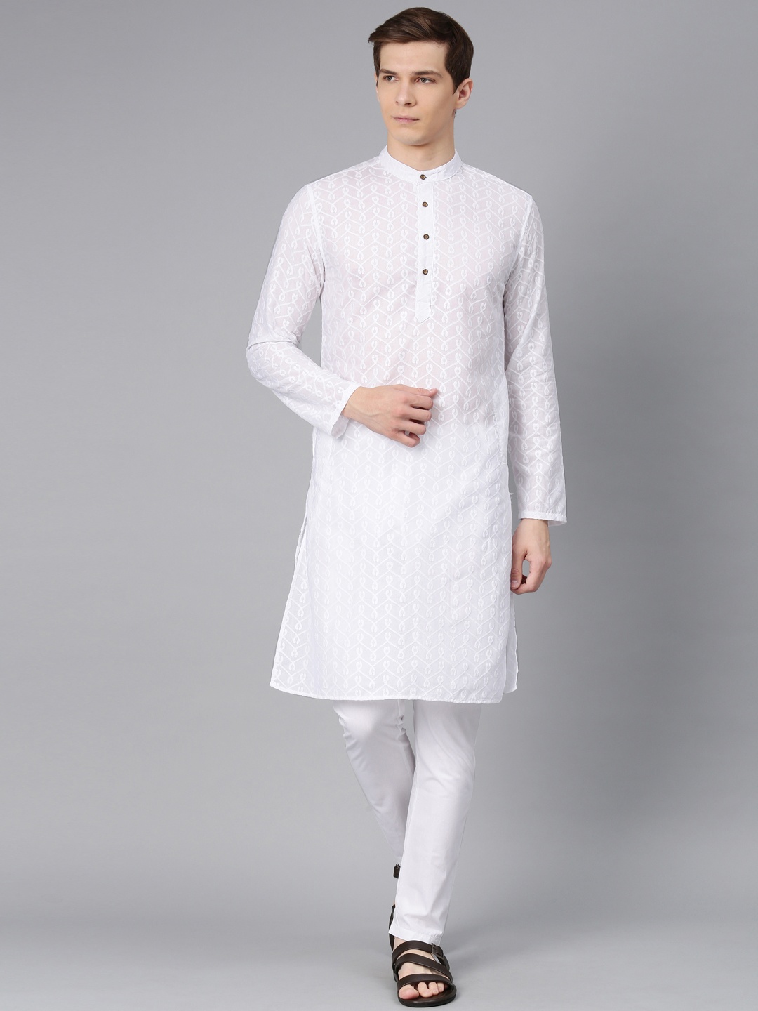 

Freehand Men White Embroidered Kurta with Pyjamas